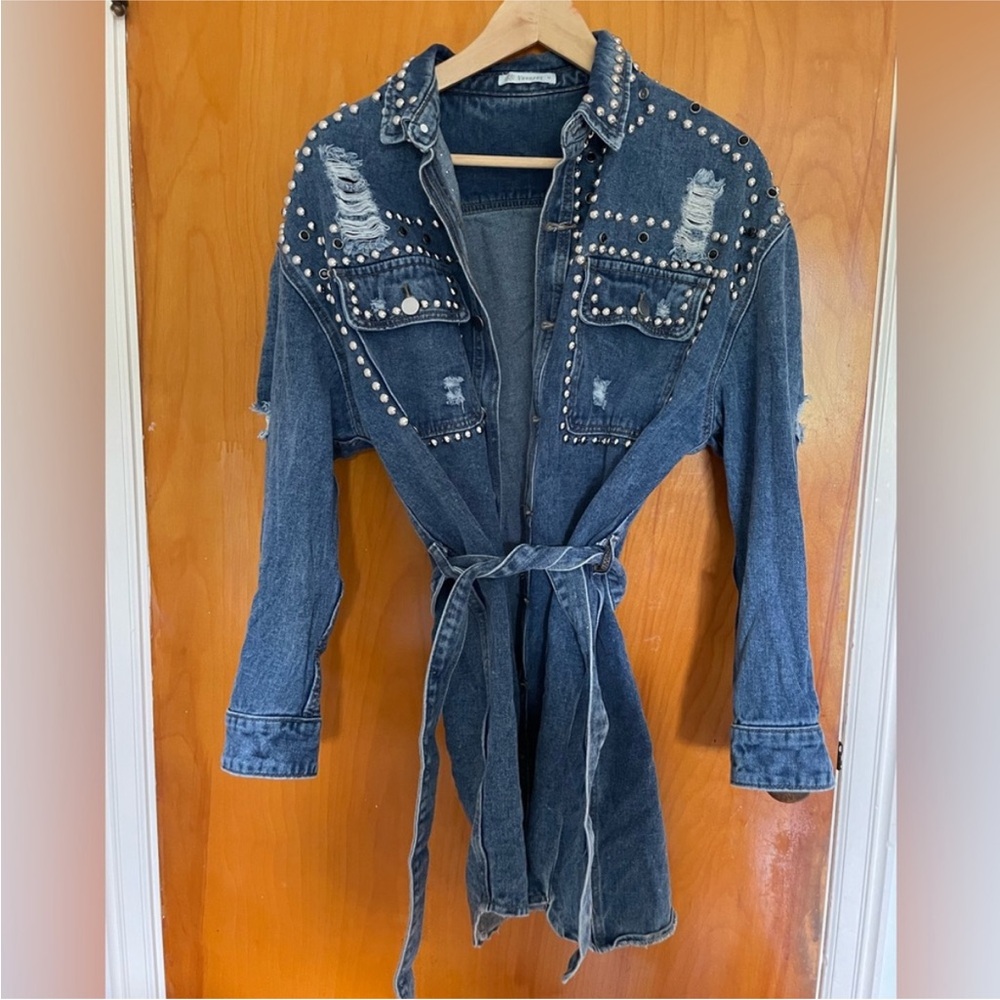 Studded Denim Jacket with waist tie